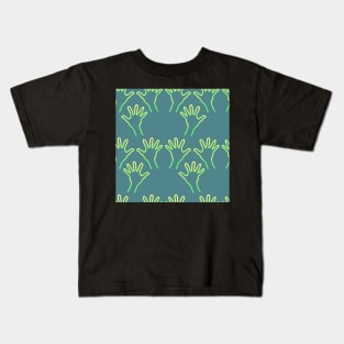 Cave Hands Anew Yellow-Green on Soft Blue Green Kids T-Shirt